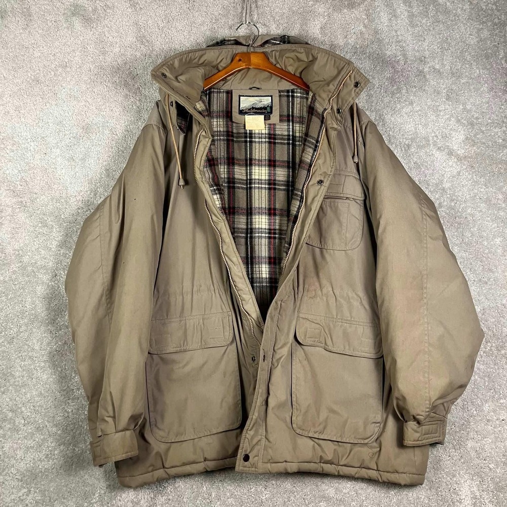Vintage Fieldmaster Mens Tan Parka Jacket Plaid Lined Hooded Size XL